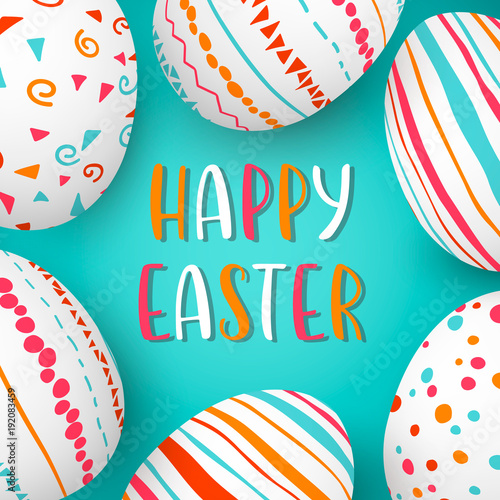 Happy Easter eggs frame with text. Colorful easter eggs on blue. hand font. Scandinavian ornaments