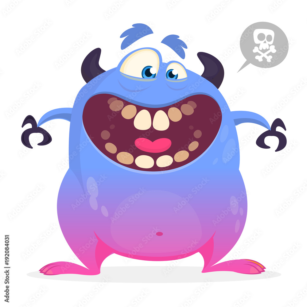 Funny cartoon monster smiling with big mouth. Vector illustration of blue  monster character for Halloween Stock Vector | Adobe Stock