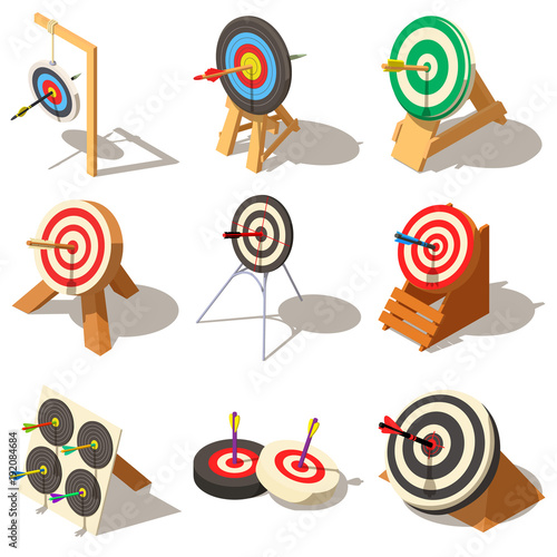 Target with arrow icons set, isometric style