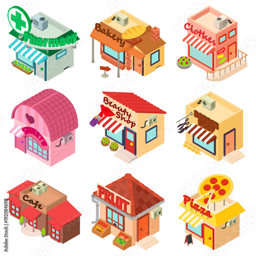 Store facade front shop icons set, isometric style
