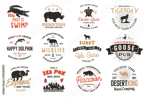 Wild animal Badges set and great outdoors activity insignias. Retro illustration of animal badges. Typographic camping style. Vector wild Animal logos with letterpress effect. Explorer quotes