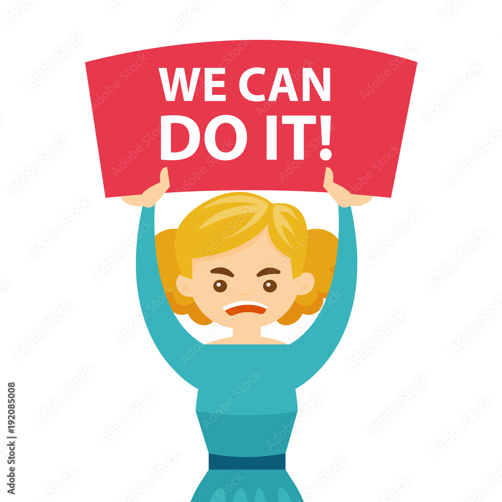 Young caucasian white screaming woman holding placard with text we can do it at a feminist protest action. Concept of feminism. Vector cartoon illustration isolated on white background. Square layout. Young caucasian white screaming woman holding placard with text we can do it at a feminist protest action. Concept of feminism. Vector cartoon illustration isolated on white background. Square layout.