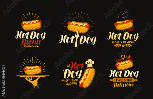 HOT DOG, food logo or label. Elements for design of restaurant menu or eatery. Typography vector illustration