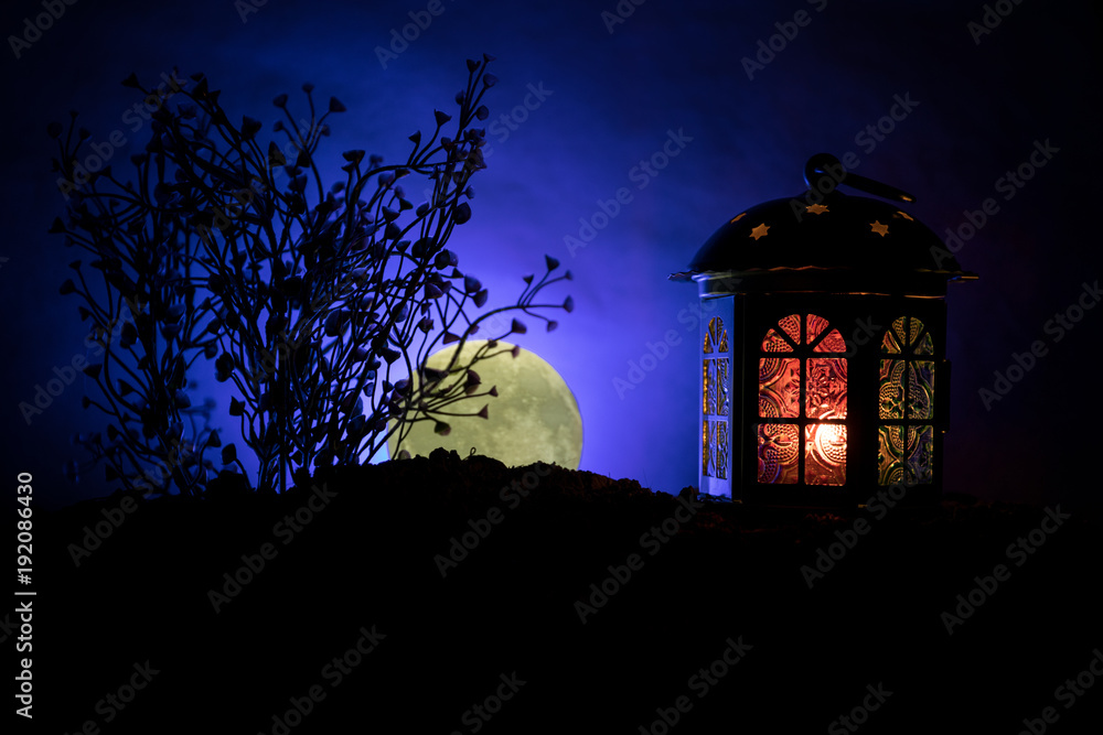 Valentine`s day decor concept. Romantic scene. Big Lantern as lovers house with rising moon on night decor background. Selective focus Valentine`s day decor concept. Romantic scene. Big Lantern as lovers house with rising moon on night decor background. Selective focus