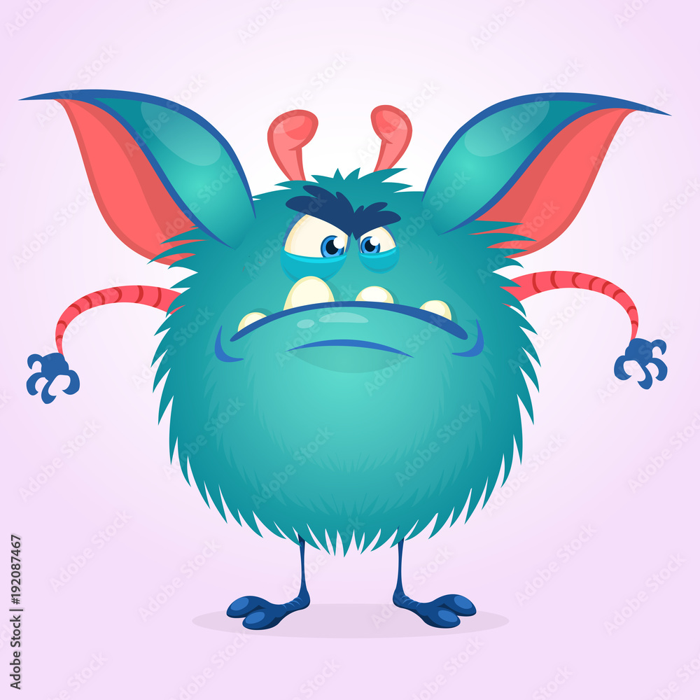 Cute colorful angry cartoon monster. Vector fat monster character. Halloween design for party decoration, print or children book