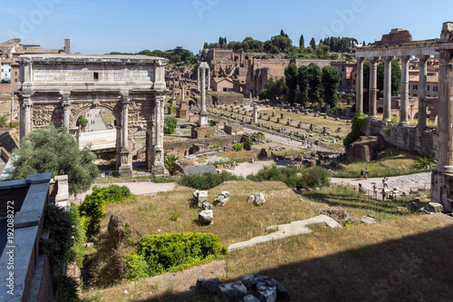 Ruins of Septimius Severus Arch and Roman Forum in city of Rome, Italy