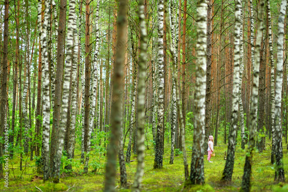 Cute little girl having fun during forest hike on beautiful summer day