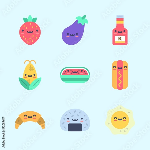 Icons about Food with watermelon  croissant  corn  ketchup  strawberry and onigiri