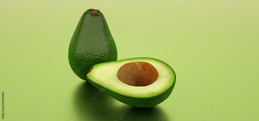Extremely detailed and realistic high resolution 3D illustration of an avocado fruit.