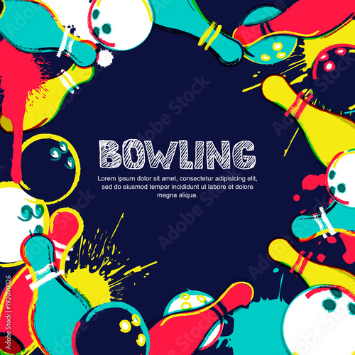 Vector bowling frame background. Abstract watercolor illustration. Bowling ball, pins and sketched letters on colorful splash background. Design elements for banner, poster or flyer.