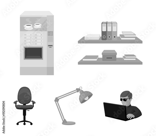 Shelves, folders and notebooks with business records, a coffee machine with cups, an armchair with a backrest on wheels, a desk lamp. Office Furniture set collection icons in monochrome style vector