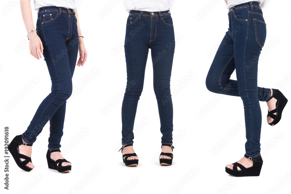 Close up lower body of beauty woman with fashion jeans and shoes. Trendy and New fashion concept. Isolated white background. Studio portrait. Close up lower body of beauty woman with fashion jeans and shoes. Trendy and New fashion concept. Isolated white background. Studio portrait.
