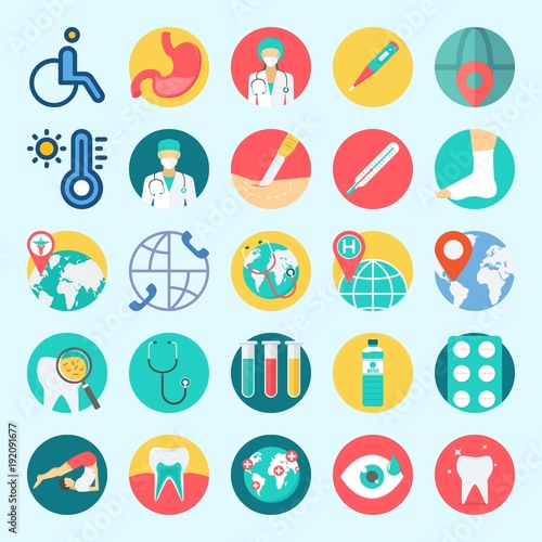 Icons set about Medical with tooth, test tubes, worldwide, tablets, surgeon and visibility