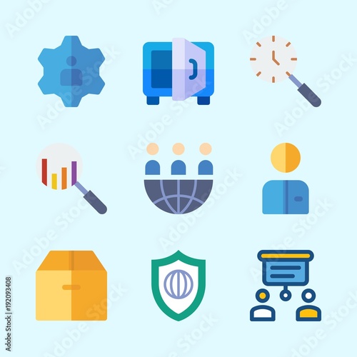 Icons about Business with box, teamwork, worker, search, safebox and jop