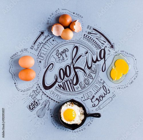 Obraz na plátně Hand Drawn Vintage Poster with eggs related cooking drawings showing 4 cooking p