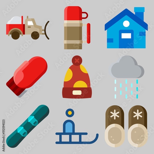 Icons set about Winter with mitten, thermo, slippers, snowplow, winter hat and snowboard