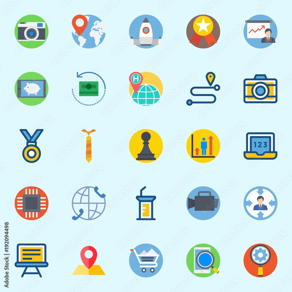 Fototapeta premium icons set about Digital Marketing. with medal, photo camera, laptop, microchip, smartphone and route