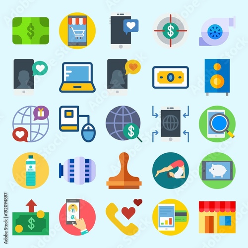 icons set about Lifestyle. with motor, online store, water, paper work, internet and target