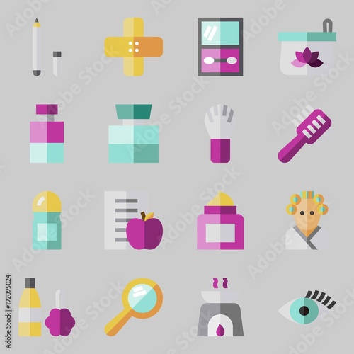Wallpaper Mural icons set about Beauty. with hair curler, gel, cosmetics, band aid, aromatherapy and eye pencil Torontodigital.ca