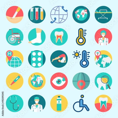 Icons set about Medical with stethoscope, sprain, stretcher, teeth, surgeon and test tubes