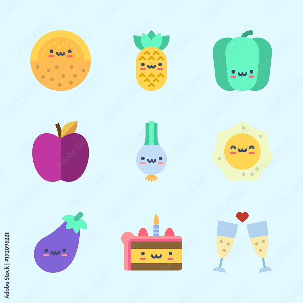 Icons about Food with toast, eggplant, melon, pineapple, fried egg and cake