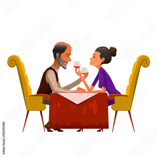 Romantic couple drinking wine in cafe. Illustration of mature happy couple looking at each other and drinking wine at table in romantic cafe.