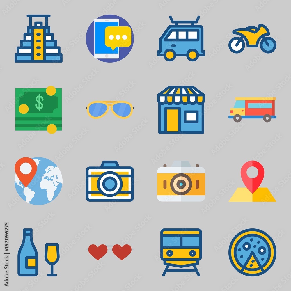 Icons set about Travel. with train, motorbike and sunglasses Icons set about Travel. with train, motorbike and sunglasses
