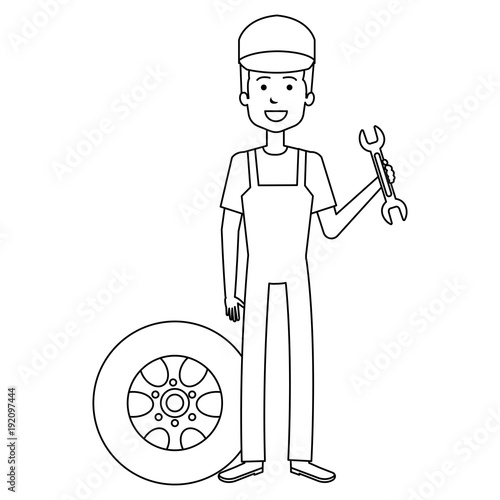 mechanic worker with tire and wrench avatar character vector illustration design