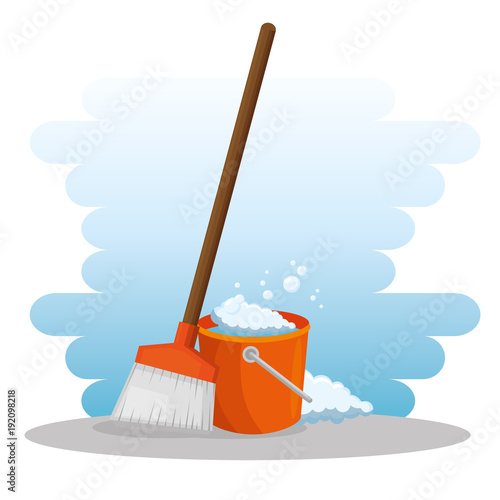 cleaning supplies with bucket and broom housekeeing concept vector illustration graphic design