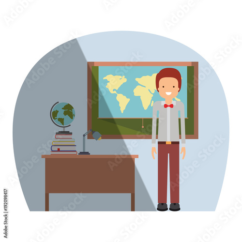 male teacher in geography class with pile books vector illustration design