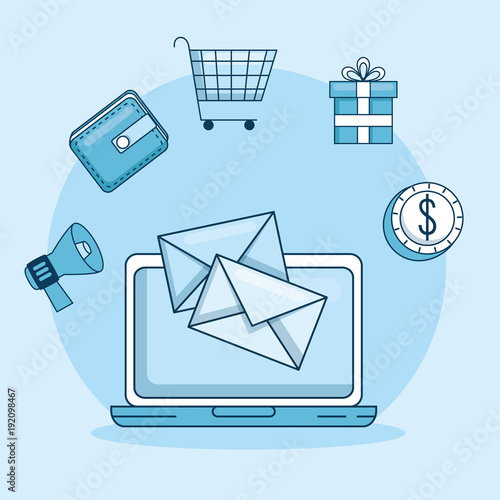 email marketing and promotion computer with email notification vector illustration graphic design