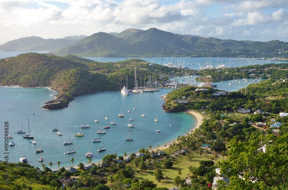 View of the Caribbean island of Antigua and English Harbour seen from the Shirley Heights Lookout