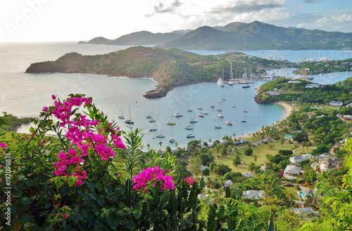 View of the Caribbean island of Antigua and English Harbour seen from the Shirley Heights Lookout photo