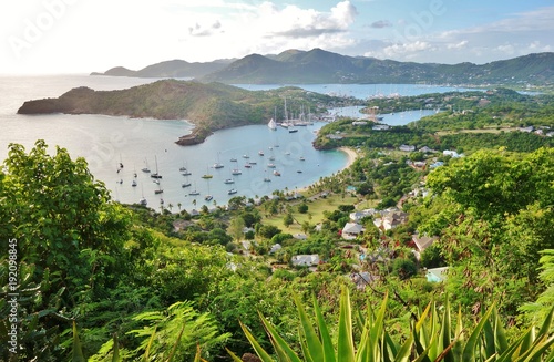 View of the Caribbean island of Antigua and English Harbour seen from the Shirley Heights Lookout photo