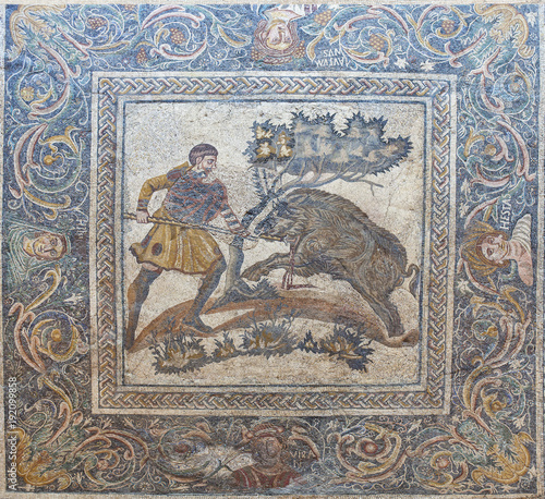 Wild boar hunting mosaic, Merida, Spain