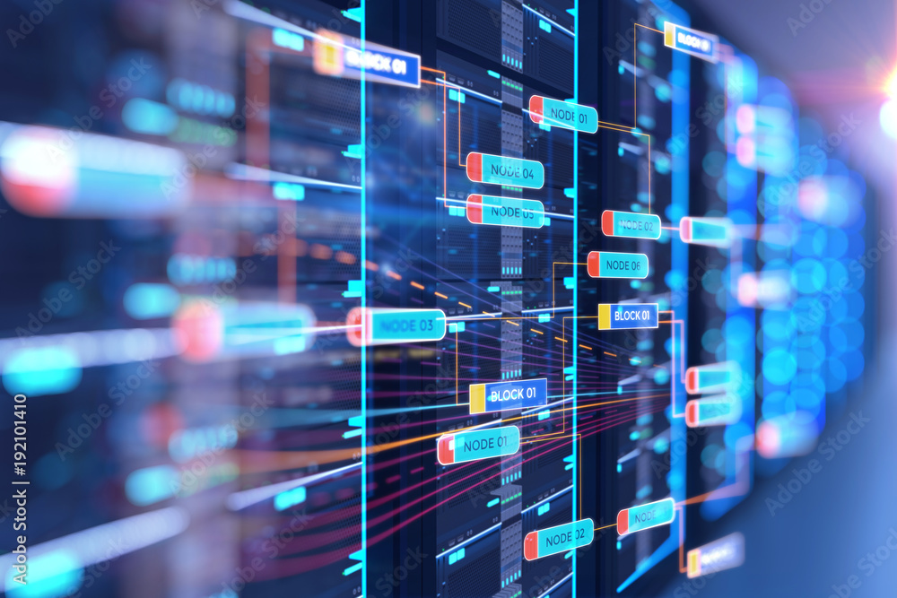 server room 3d illustration with node base programming data  design element.