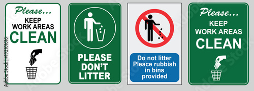 set of Clean sticker sign for plant site outdoor (please do not litter, place all refuse in trash receptacles, keep our restroom clean, pitch in put trash in it's place, keep bathroom clean)