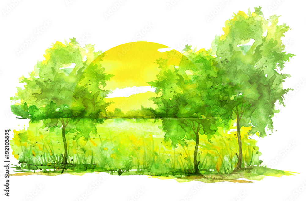 Watercolor Painting Summer Landscape Of Bright Green Grass Steppe 