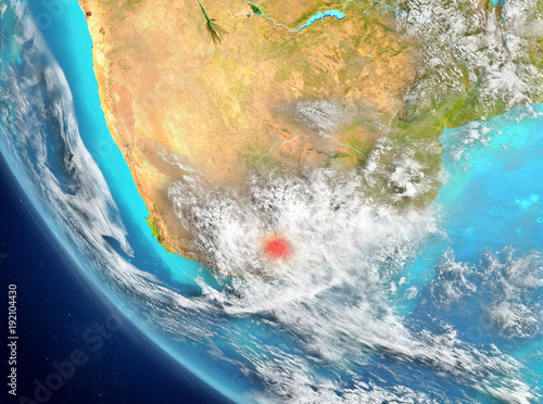 Satellite view of Lesotho in red