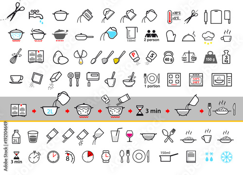 Cooking and preparation instructions. Set of sign for detailed guideline. Vector elements on a white background. Ready for your design. EPS10.