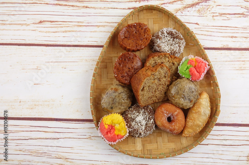 Asian traditional sweet desert on wooden board.