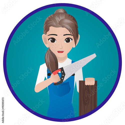 Female Carpenter Holding Saw and Wood 