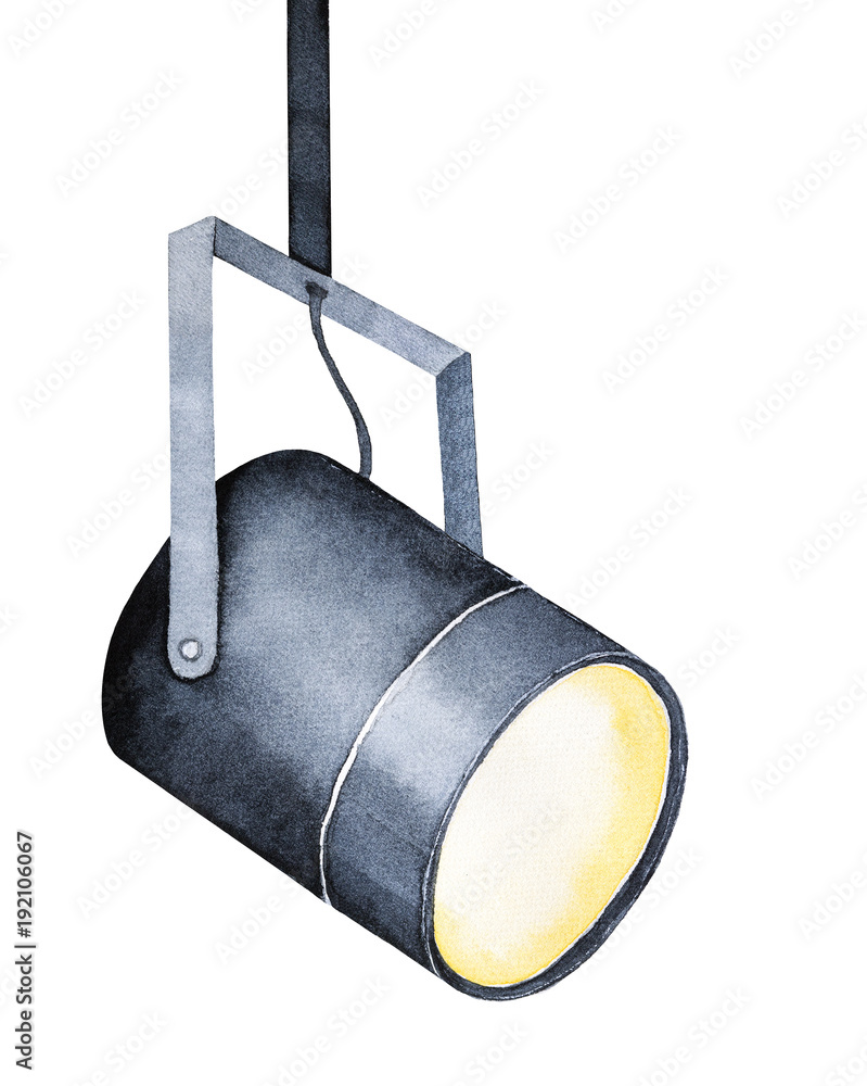 Black mini spotlight lamp to make illumination, to decorate any text. Stage  symbol, multimedia, night, electric equipment. One single object. Hand  drawn watercolour drawing, white background, cutout. Stock Illustration |  Adobe Stock
