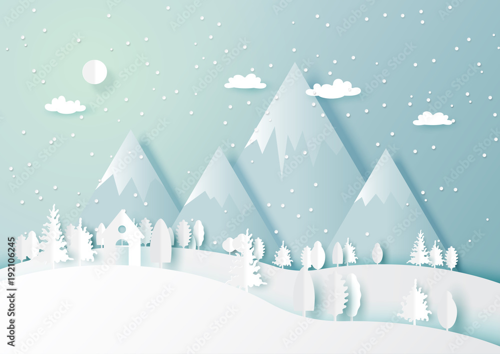 Snow and winter season abstract background with forest nature landscape for merry Christmas and happy new year paper art style.Vector illustration.