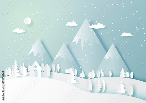 Snow and winter season abstract background with forest nature landscape for merry Christmas and happy new year paper art style.Vector illustration.