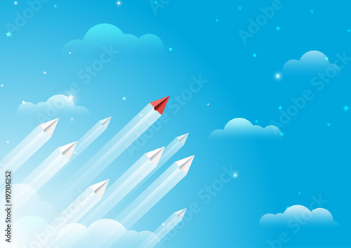 Paper airplanes flying from clouds on blue sky.Paper art style of business leadership and teamwork creative concept idea.Vector illustration