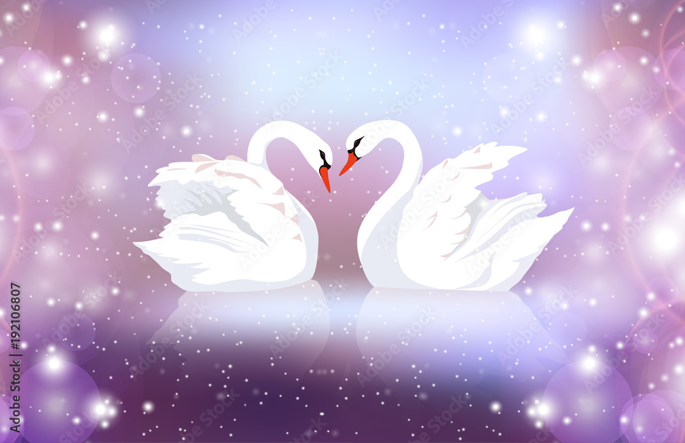 Fototapeta premium Romantic illustration of a pair of white swans on a blurred background with sparkles. Married couple. Romance. Vector illustration for your creativity.