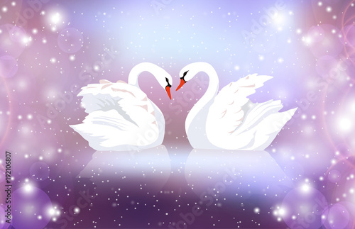 Fototapeta Naklejka Na Ścianę i Meble -  Romantic illustration of a pair of white swans on a blurred background with sparkles. Married couple. Romance. Vector illustration for your creativity.