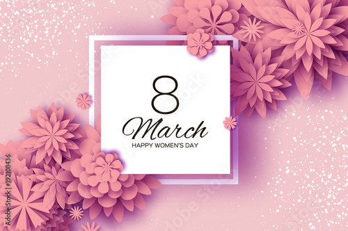 Pink Paper Cut Flower. 8 March. Womens Day Greetings card. Origami Floral bouquet. Square frame. Text. Spring Seasonal Holidays on pink. Happy Mothers Day.