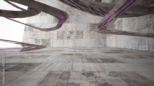 Abstract white and concrete interior with glossy pink lines. 3D illustration and rendering.
